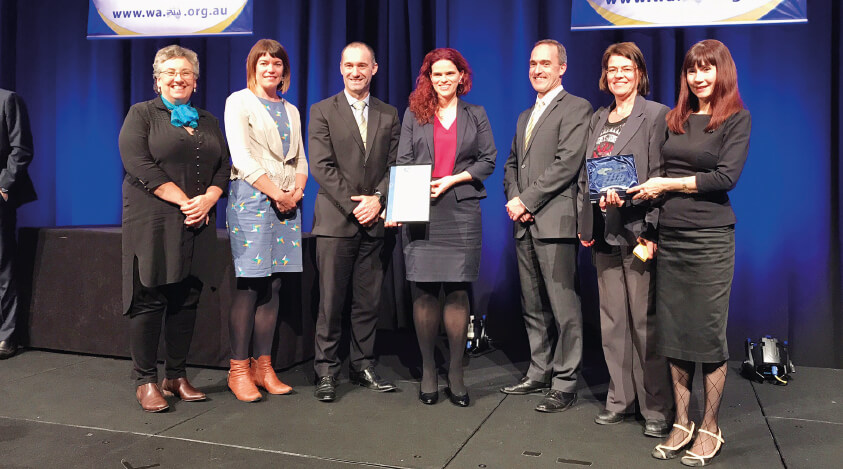DMP’s Carrie Hatzel (left), Sophie Woodley, Phil Gorey, Nina Gloor, Sven Bluemmel, Commissioner, Western Australian Information Commission, DMP’s Marka Haasnoot and Victoria Keeping at the 2017 Institute of Public Administration Australia (IPAA) WA Achievement Awards.