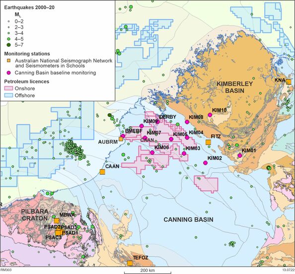 Seismicity and locations of the earthquake monitoring stations in the Canning Basin