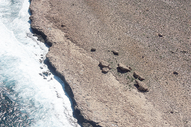 Large blocks on top of a 5 metre high cliff. These imbricate blocks slope inland, and were oriented by the powerful backwash after the tsunami had reached its highest runup and water was rushing back to the sea.