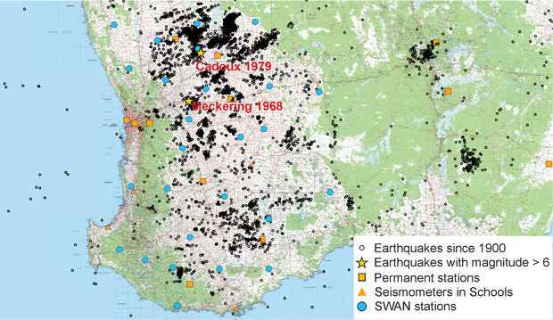 Locations of the SWAN seismometer deployment; also shown are the positions and dates of notable large earthquakes