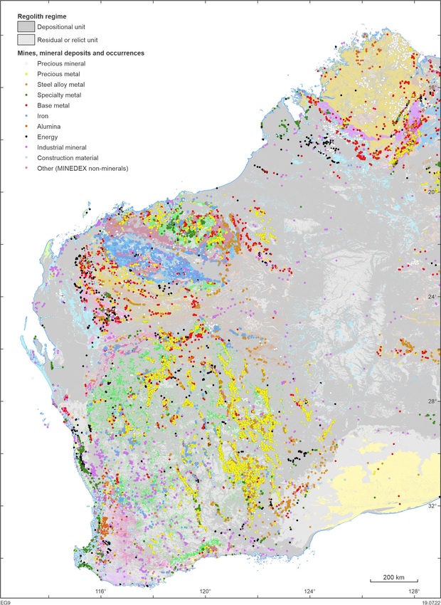 Mines, mineral deposits and occurrences sourced from the MINEDEX database shown in relation to regolith regimes (1:100 000 regolith regimes of Western Australia) and exposed bedrock geology (based on 1:10 000 000 tectonic units of Western Australia). The 