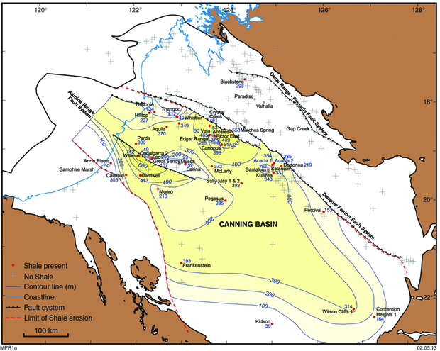 Map of the Canning Basin showing wells that intersect shale (Photo: courtesy of DMP)