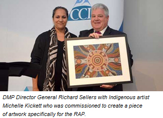 DMP Director General Richard Sellers with Indigenous  artist Michelle Kickett who was commissioned to create a piece of artwork  specifically for the RAP.