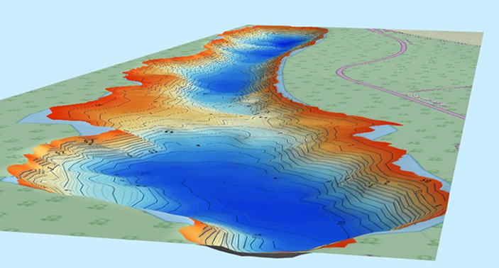 3D view of  the Black Diamond pit lake.  The dark blue areas depict the deepest points through to the orange areas depicting the shallowest points.