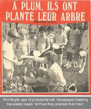 Phil Boglio, age 10 pictured far left.  Newspaper heading translated reads “At Plum they planted their tree”.
