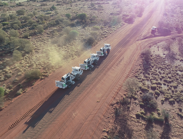 A fleet of three I/O AHV-IV Vibroseis trucks in operation along the Kiwirrkurra Road