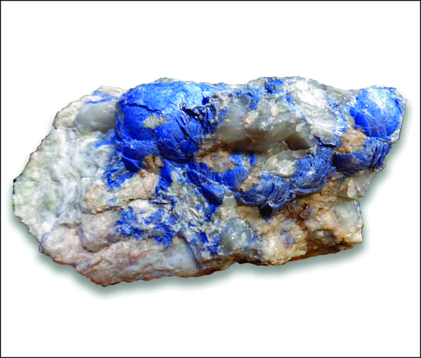 Blue lepidolite mica interspersed with white albite feldspar and grey quartz, Carlaminda Blue quarry, Yalgoo area (courtesy Glenn Archer)