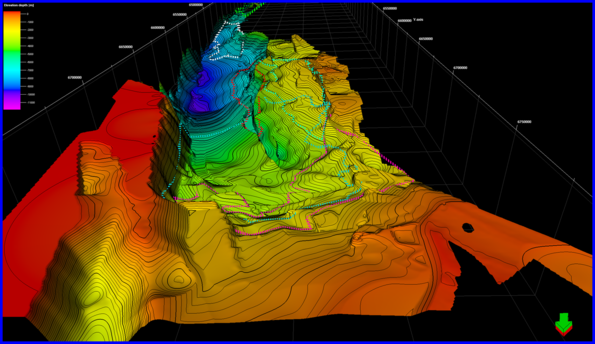 Perth Basin – 3D view to the south of depth to basement displaying prospective CO2 storage locations