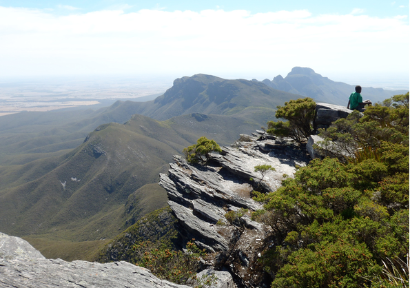 Moderately south-dipping recrystallized quartzites of the Stirling Range Formation, Barren Basin, Albany–Fraser Orogen. View from top of Bluff Knoll, looking east