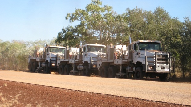 The Hemi-50 Vibroseis trucks in operation along the Gibb River Road.