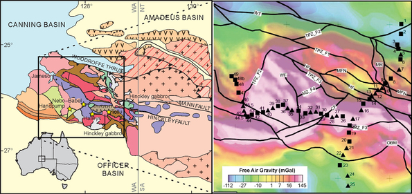 Location of the west Musgrave Province MT surveys on a background of a simplified bedrock geology (left) and the Bouguer gravity anomaly (right)