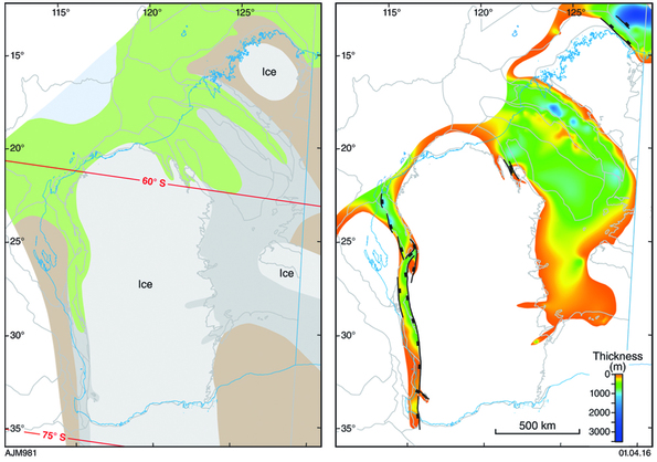 Paleogeographic map (left) paired with an isopach image (right) illustrates the period from 300 million years to 293 million years